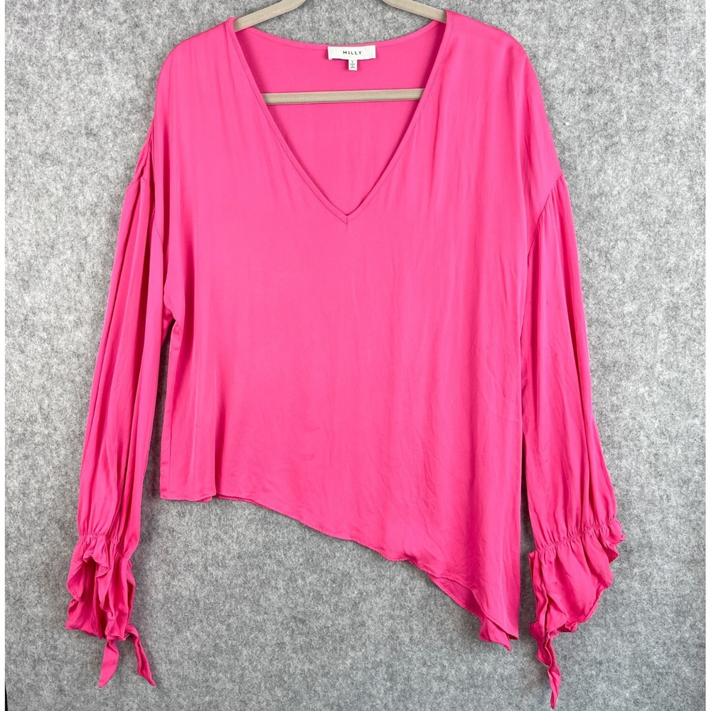 Milly Silk Top Womens Large Pink Asymmetrical Ruffled V Neck Lightweight Blouse